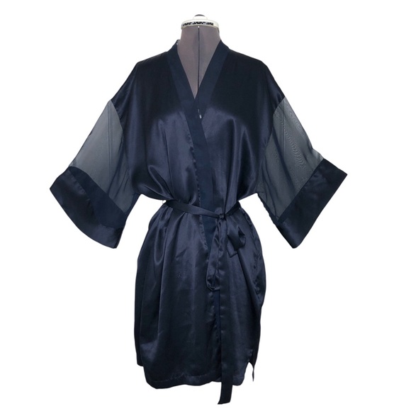 Vintage Y2k Victoria’s Secret Satin Chiffon Navy Blue Belted Pockets Robe Os